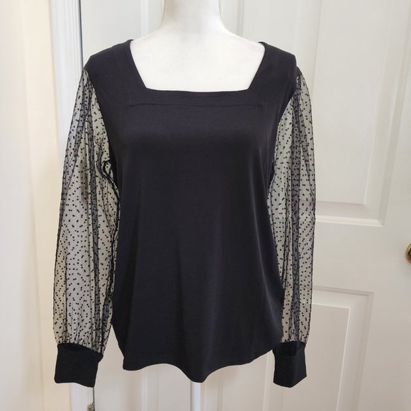 NWT Calvin Klein Black Long Sleeve Sheer Mesh Polka Dot Blouse Size M - Picture 3 of 9